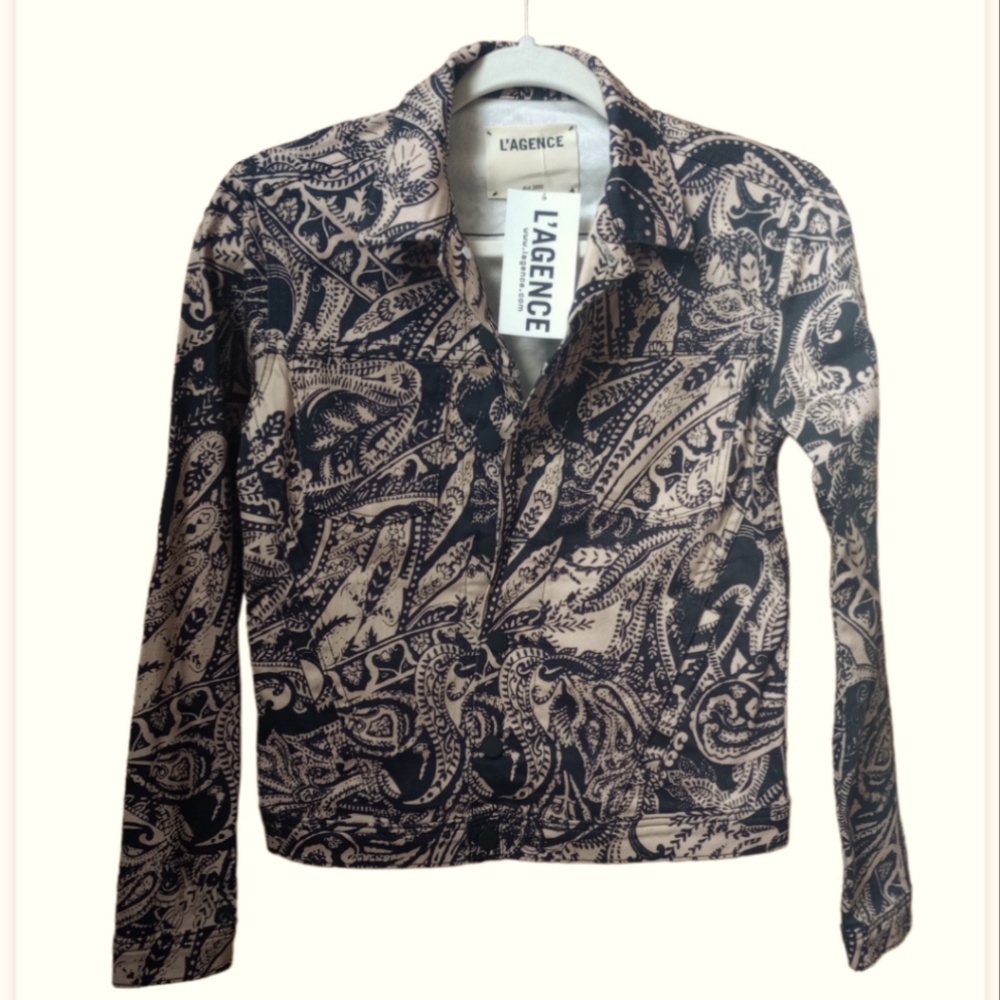 L’Agence Celine Vintage Paisley Denim jacket, black and tan size S/P